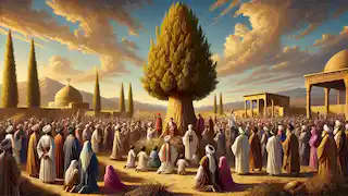 Los aldeanos y los peregrinos se reúnen en reverencia alrededor del imponente Ciprés Sagrado durante una ceremonia ceremonial.