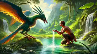 Chayton se arrodilla junto a un lago prístino en un frondoso valle, con el Thunderbird a su lado.