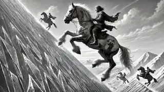 Askeladden montando a Dapplegrim mientras ascienden por la imponente y reflectante Montaña de Vidrio.