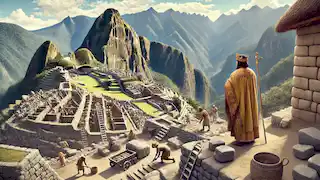 Pachacuti supervisa la construcción de Machu Picchu, donde los trabajadores levantan terrazas de piedra altas en las montañas de los Andes.