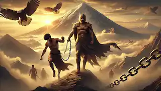 Fereydun lleva al encadenado Zahhak hasta la cima del monte Damavand, con águilas volando por encima.