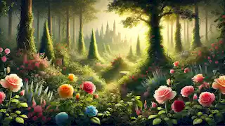 La forêt a été transformée en un magnifique jardin, parsemé de roses en fleurs, de verdure luxuriante, avec le château en arrière-plan.