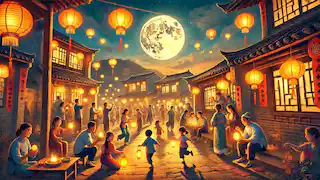 Un village chinois célèbre la Fête de la Mi-Automne, où les familles partagent des gâteaux de lune et allument des lanternes sous la pleine lune.