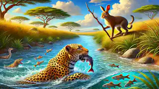 El leopardo atrapa peces en el río mientras la liebre observa con un palo, planeando su próximo movimiento.