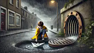 Georgie juega con un barco de papel cerca de una alcantarilla en un día lluvioso, mientras las sombras acechan en su interior.