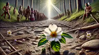 La primera rosa cherokee floreciendo a lo largo del polvoriento sendero, rodeada de espectadores cherokee.