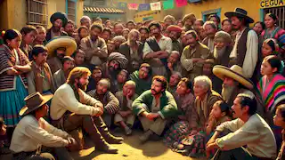 Los aldeanos se reunieron alrededor de Juan, escuchando su historia sobre la Cegua con miedo y admiración en la plaza del pueblo.