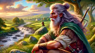 Un anciano Fionn mac Cumhaill reflexionando sobre su viaje y la sabiduría adquirida, enmarcado por un paisaje sereno junto al río Boyne.