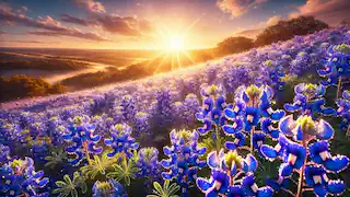 Las azules bonetes floreciendo en el paisaje de Texas, brillando bajo la luz del sol después de la lluvia.
