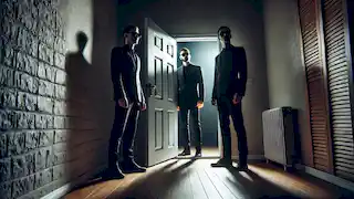 Deux hommes mystérieux en costumes noirs se tiennent à la porte d'un témoin, créant une atmosphère étrange et tendue.