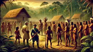 Exploradores europeos llegan al borde de una aldea shuar, frente a guerreros shuar vigilantes, listos para defender su tierra.
