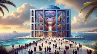 La moderna Biblioteca de Alejandría, con visitantes paseando alrededor de su entrada, cerca del mar Mediterráneo.