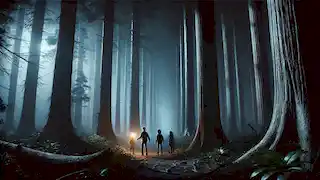Tres personajes entran cautelosamente en un oscuro bosque por la noche, uno de ellos sostiene una varita que brilla.