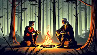 Edgar y Alaric sentados junto a una fogata durante su viaje, rodeados por un denso bosque.