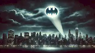 El horizonte de Gotham City por la noche, con el Bat-Señal brillando intensamente en el cielo.