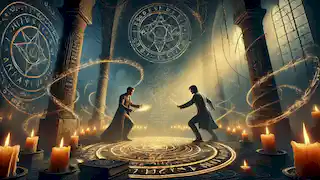 Edgar y Alaric realizan el Ritual de Vinculación en una cámara oculta, con sombras que se retuercen a su alrededor.