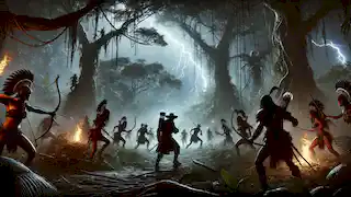 Mujeres guerreras icamiabas emboscan a los conquistadores en la oscura selva amazónica durante una tormenta, con relámpagos que iluminan la escena.