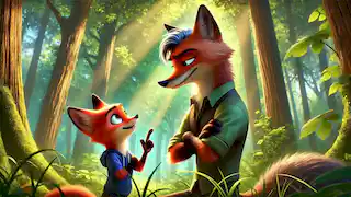 Felix le da consejos a Luna, la joven zorra, en el bosque. Luna lo escucha atentamente, mirándolo con admiración.