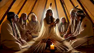 A Mulher Búfalo Branco oferece o cachimbo sagrado aos anciãos Lakota dentro de um tipi, cercada por objetos cerimoniais.