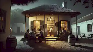 Dentro de una taberna argentina tenuemente iluminada, Juan Dahlmann se sienta solo cerca de una ventana, percibiendo una atmósfera tensa.