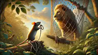 La souris ronge les cordes pour délivrer le lion du filet du chasseur.