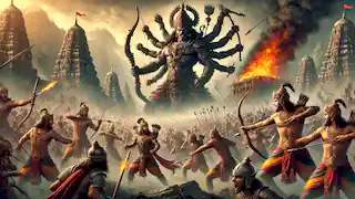 El ejército demoníaco de Ravana y las fuerzas de Rama chocan en el campo de batalla, mientras Lanka arde en el fondo.