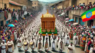 Una gran procesión durante el festival de Timkat en Axum, Etiopía, con sacerdotes llevando una réplica del Arca de la Alianza.