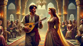 Köroğlu, disfrazado de juglar, canta en un majestuoso salón del palacio, cruzando miradas con la hermosa Nigar.