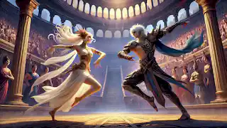Elara y Lykos se enfrentan en una competencia de baile en una antigua arena.