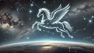 Pegasus in seiner himmlischen Form als Konstellation, die zwischen den Sternen fliegt, mit der Milchstraße im Hintergrund.