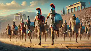 Una carrera de hoplitas con atletas armados, incluyendo a un decidido espartano en la delantera.