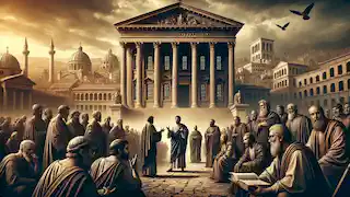 Primeros cristianos y eruditos debatiendo frente a la Biblioteca de Alejandría, con el imponente edificio al fondo.