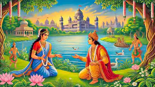 El rey Shantanu se encuentra con Satyavati junto al río.