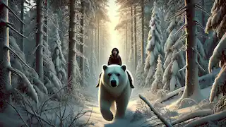 Una niña pequeña monta un gran oso blanco a través de un bosque nevado mientras el sol se pone a lo lejos.