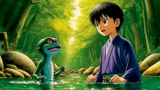 Hiroshi declara con confianza el verdadero nombre del Kappa, sorprendiendo a la criatura junto a la orilla del río.