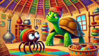 Anansi, con una expresión de confusión, observa cómo la tortuga Nkonkonkon guarda comida en su casa.
