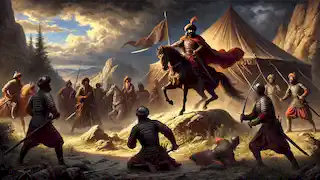 Bakhtiyar Khan desenvaina su espada para escapar de una emboscada durante una reunión, rodeado de leales guardias bajo un cielo tormentoso.