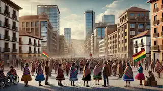 Reunión aymara en un entorno urbano, con vestimenta tradicional y pancartas que abogan por los derechos indígenas.