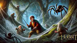 Bilbo corta las telarañas con su espada, Sting, liberando a los enanos de las gigantescas arañas en el oscuro bosque de Mirkwood.