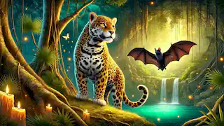 Jaguar y murciélago se erigen victoriosos cerca del resplandeciente cenote, rodeados de exuberante vegetación selvática y destellos de luciérnagas.