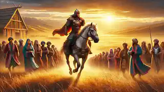Alpamys en Bai Shubar, cabalgando por la estepa mientras los aldeanos observan con esperanza al amanecer.