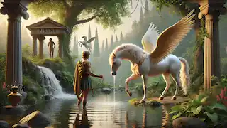 Bellerophon nähert sich Pegasus, der aus dem Pirene-Brunnen trinkt, mit einer goldenen Zügel in der Hand, umgeben von üppigem Grün.