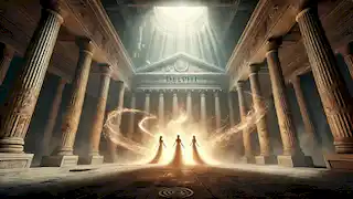 En el templo de Delfos, las hermanas ninfas liberan los fragmentos de luz, combatiendo sombras inquietantes en una intensa confrontación.