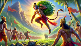 Hanuman regresa al campo de batalla en Lanka, llevando la montaña, recibido por el vítores de los guerreros.