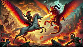 Belerofonte lucha contra la Quimera desde la cima de Pegaso, con llamas y brasas iluminando el cielo.