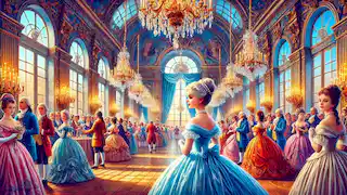 Émilie en el baile del castillo, luciendo su vestido de seda azul.