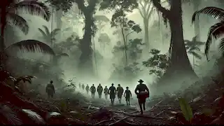 Fawcett y su equipo desaparecen en la densa jungla amazónica, la niebla salvaje cerrándose a su alrededor.