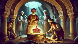 Arqueólogos y funcionarios descubren la Corona Ruby en un oscuro y misterioso vault subterráneo durante el reinado de Nasir al-Din Shah.