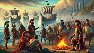 Los guerreros y barcos griegos se reúnen cerca de las costas de Troya en preparación para la batalla.