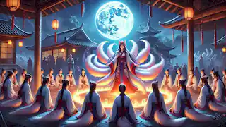Mei passa por um ritual sob a lua cheia, transformando-se de uma Raposa de Nove Caudas em uma mulher humana.
